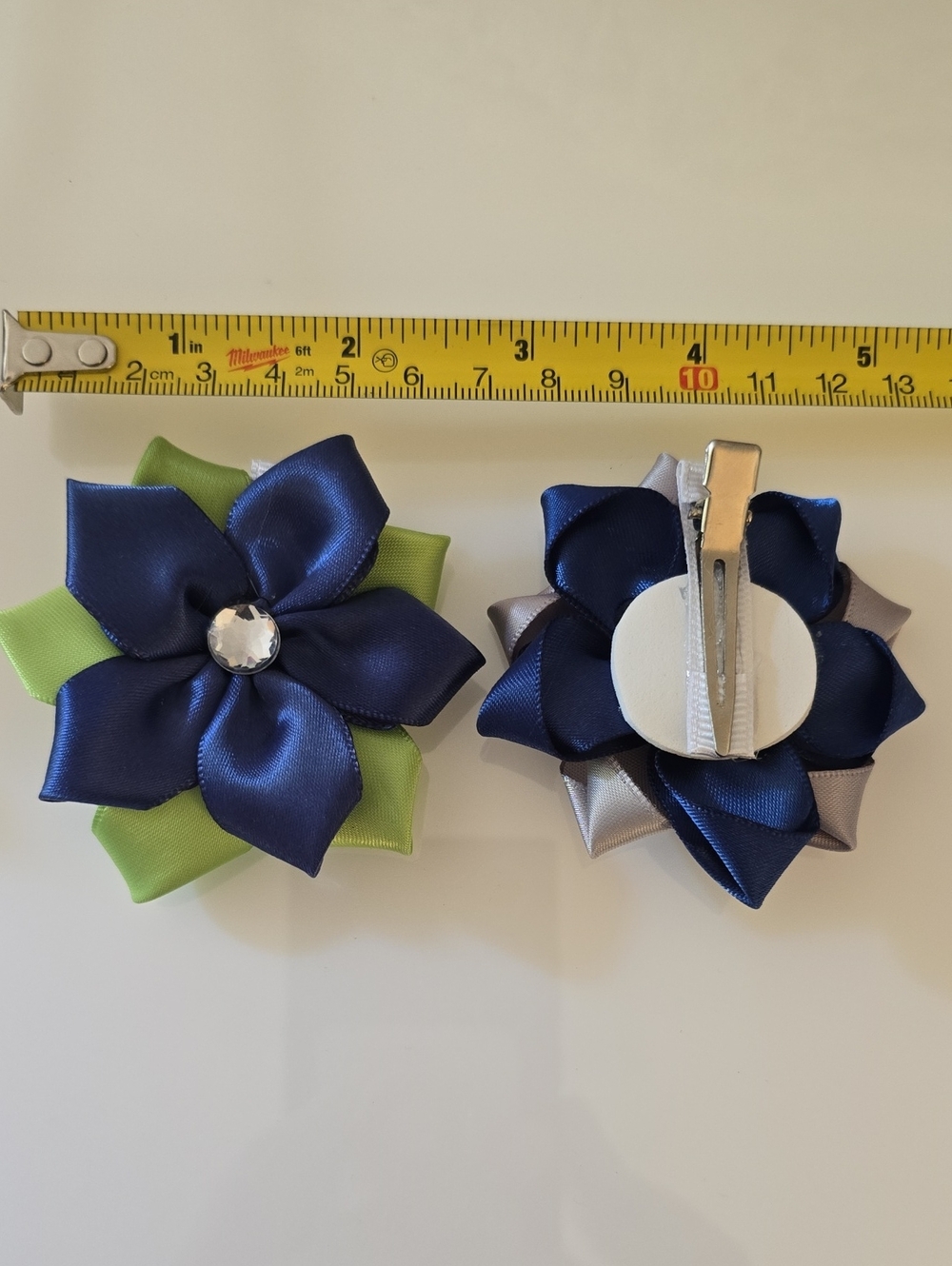 Handmade, Blue & Green Satin Flower Hair Clips for Kids - Set of 2 - Picture 2 of 5